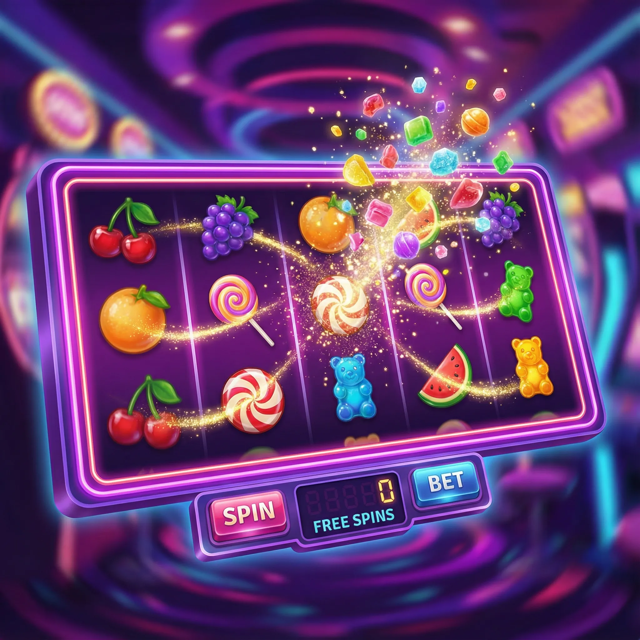 Caça-níqueis coloridos com tema de doces no pixbet